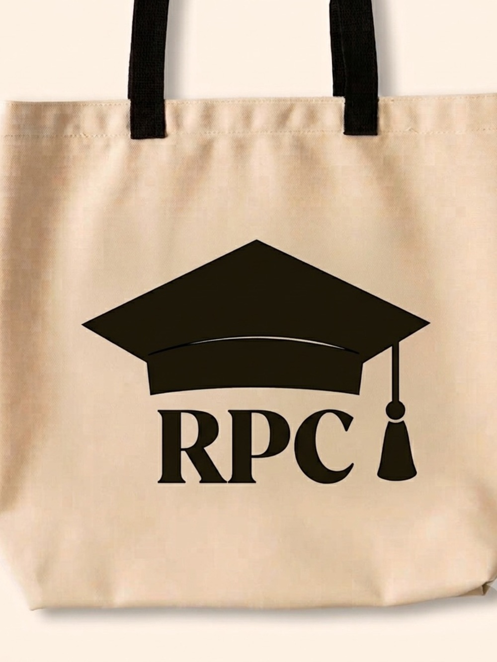 Personalized Graduation Cap RPC Canvas Tote in Beige and Black 19“ x 14“